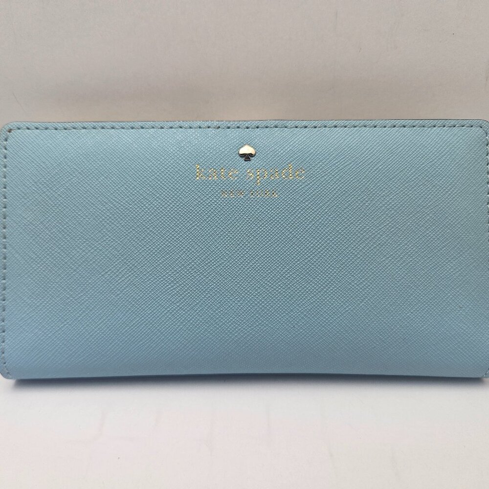 Kate Spade Mikas Pond Stacy Wallet Blue Hydrangea Leather Like New Off White Int